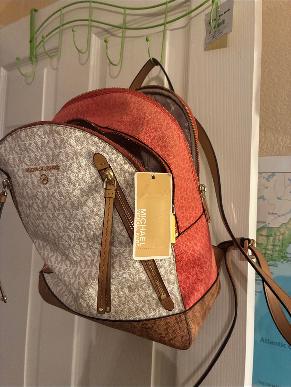 NWT Michael Kors Two-Tone MK Logo Backpack — Coral, Vanilla & Tan Accents
